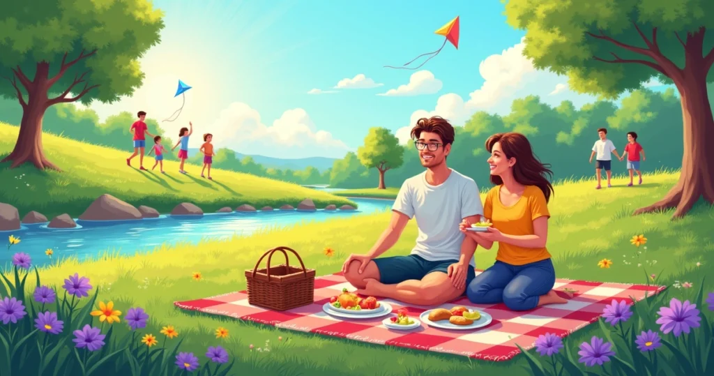 Casal em um piquenique em um parque ensolarado, com flores e crianças brincando ao fundo.