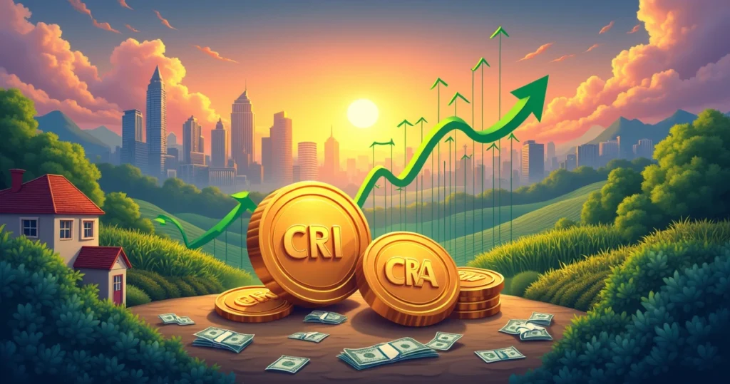 Ilustração vibrante do conceito de CRI e CRA com moedas, cidade ao fundo e gráficos de crescimento em verde.