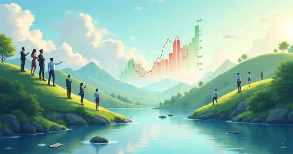 Ilustração de uma paisagem financeira serena, com colinas e um rio reflexivo, simbolizando a volatilidade do mercado.