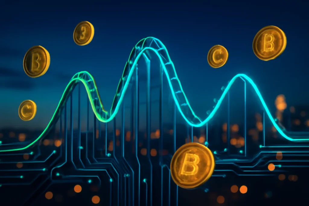 Imagem de bolsas NY montanha-russa com circuitos e moedas digitais, horizonte de Nova York ao entardecer, cores vibrantes.