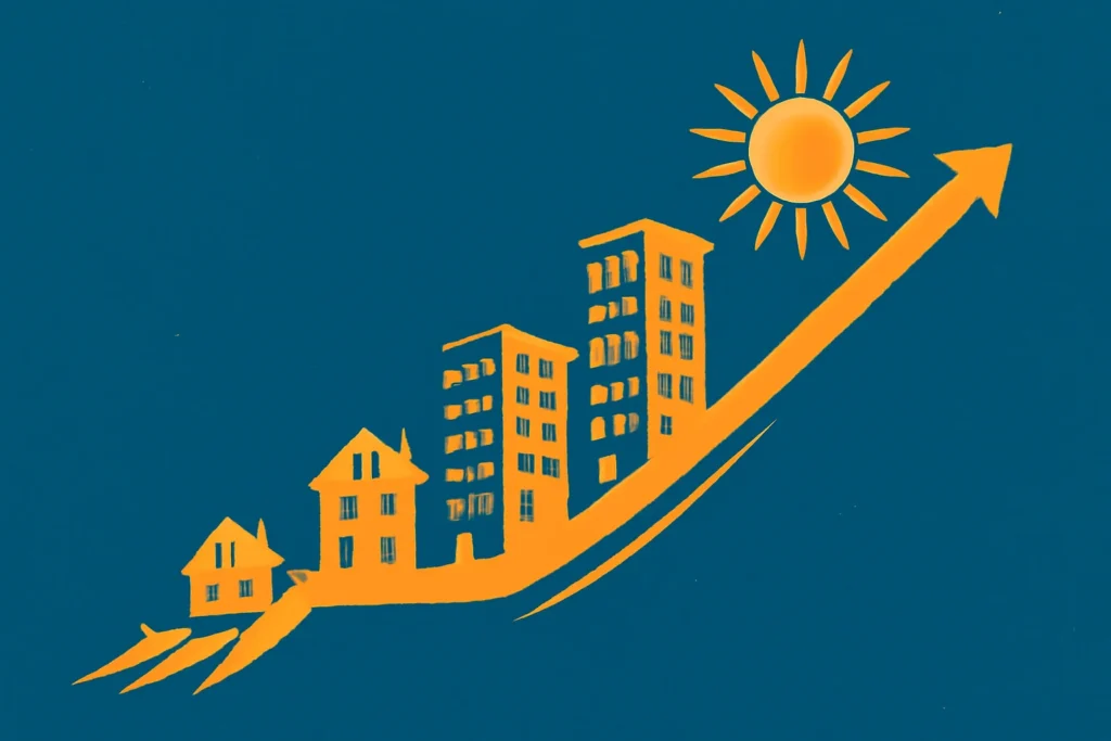 Gráfico ascendente com prédios e sol radiante simbolizando crescimento imobiliário no início do ano turbo