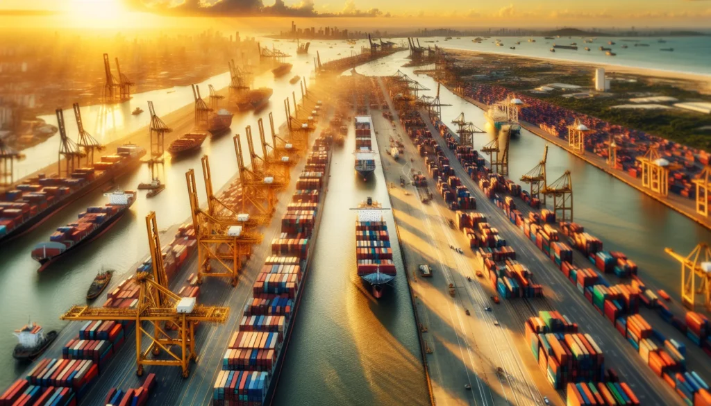 Visão aérea do porto brasileiro com navios e contêineres, simbolizando Brasil lidera rali global no comércio