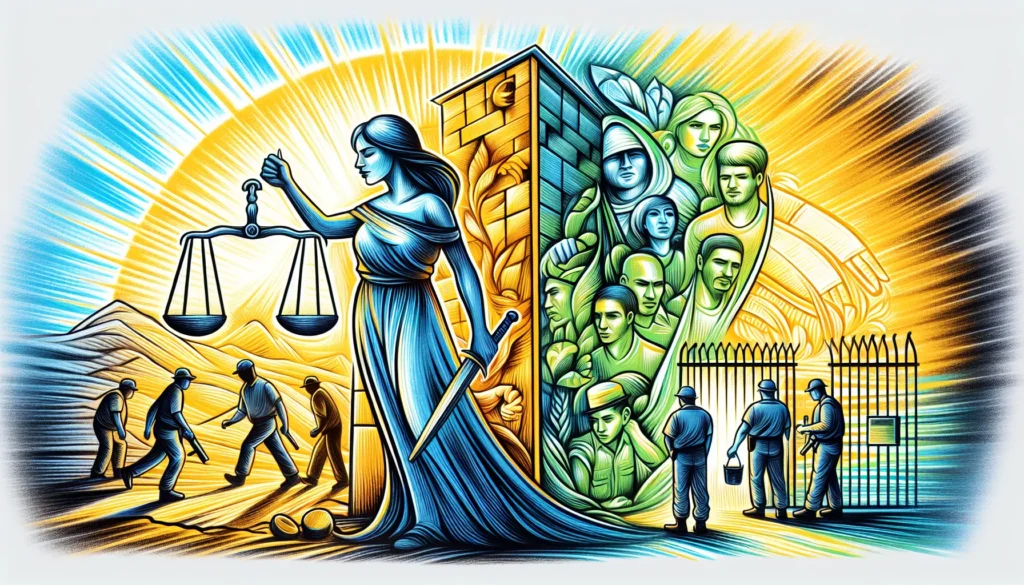 Ilustração de mulher segurando balança da justiça ao lado de prisão aberta, cores vibrantes, esperança pelos direitos humanos na Venezuela líder direitos humanos.