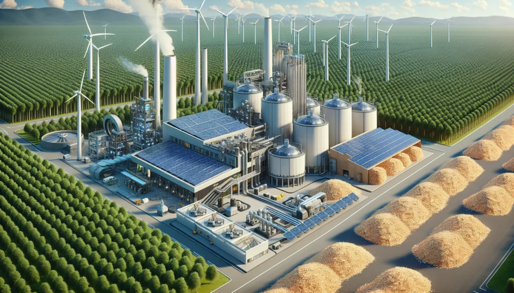 Renderização de usina futurista de etanol milho no Brasil com painéis solares, turbinas e biomassa, destacando a dependência de fontes externas.
