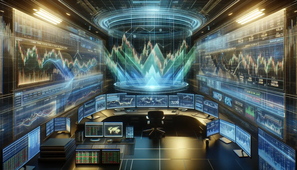 Visual holográfico de projeções do Ibovespa com valores de 190 mil e 235 mil pontos na tela, em ambiente de trading futurista com tecnologia e estabilidade