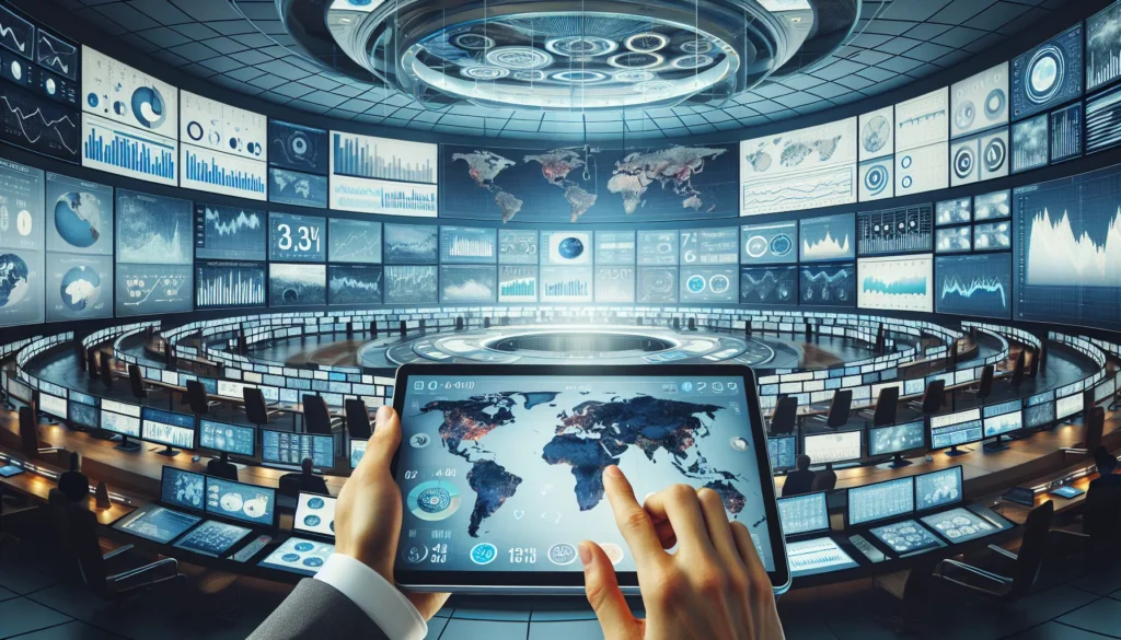 Sala de controle futurista com telas mostrando pesquisa eleitoral eleições 2026, mapas e gráficos.