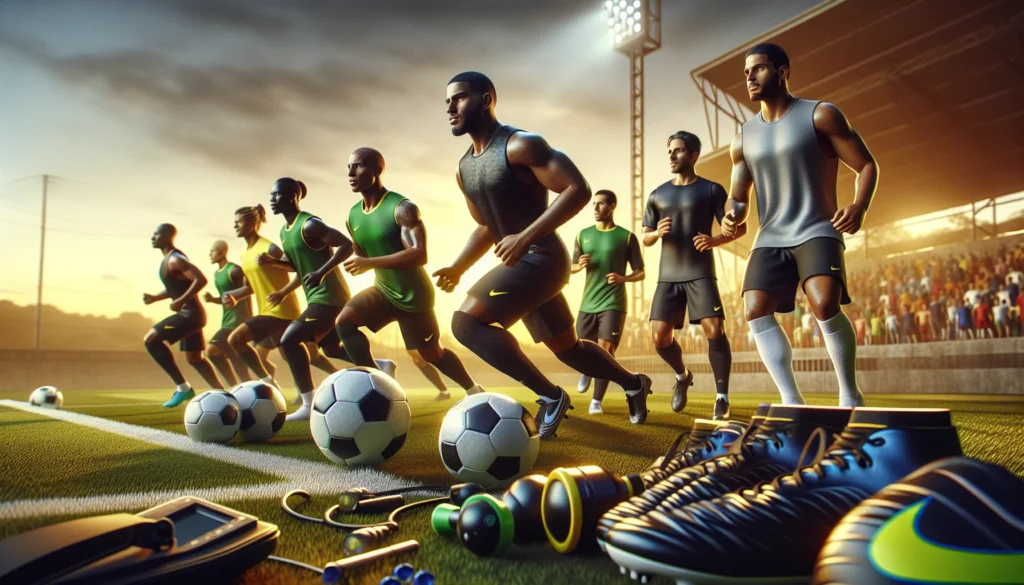 Imagem realista de campo de futebol ao pôr do sol com jogadores brasileiros treinando, destacando a força do Brasil choca o mundo potência