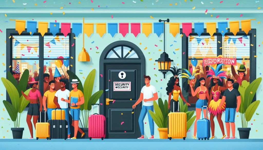 Cena de Carnaval com pessoas entrando em casas de aluguel Airbnb, confetes, fantasias e sinais de segurança na porta