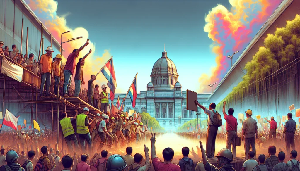 Manifestação com trabalhadores e políticos em primeiro plano por fim escala 6x1, com edifícios governamentais ao fundo