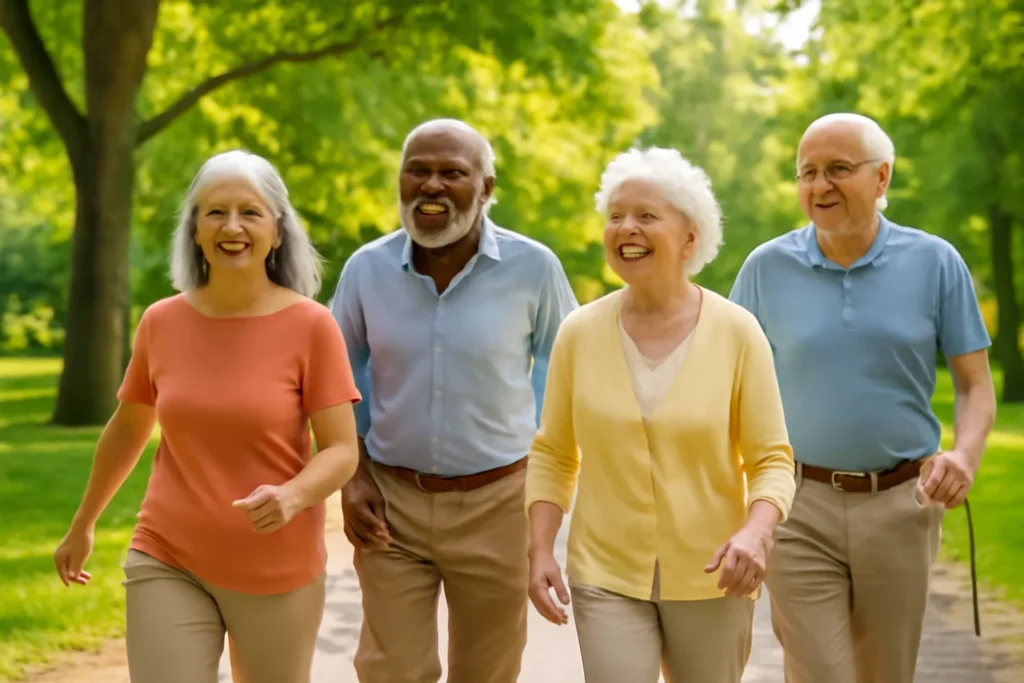 Grupo de idosos caminhando em parque urbano com saúde e vitalidade, simbolizando Brasil 2044 geração 50+