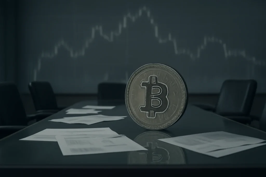 Imagem de uma sala de reuniões vazia com gráficos financeiros desfocados e uma moeda gigante de Bitcoin na mesa, simbolizando o fim de uma era para empresas que viram Bitcoin como caixa.