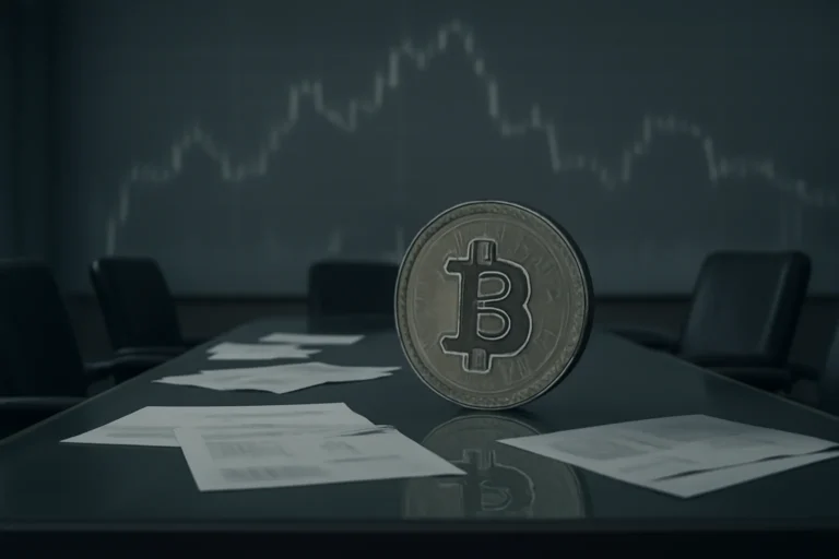 Imagem de uma sala de reuniões vazia com gráficos financeiros desfocados e uma moeda gigante de Bitcoin na mesa, simbolizando o fim de uma era para empresas que viram Bitcoin como caixa.