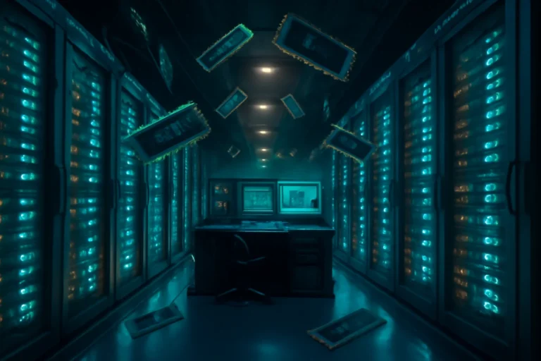 Renderização de centro de dados futurista com chips memória queda livre em servidores brilhantes