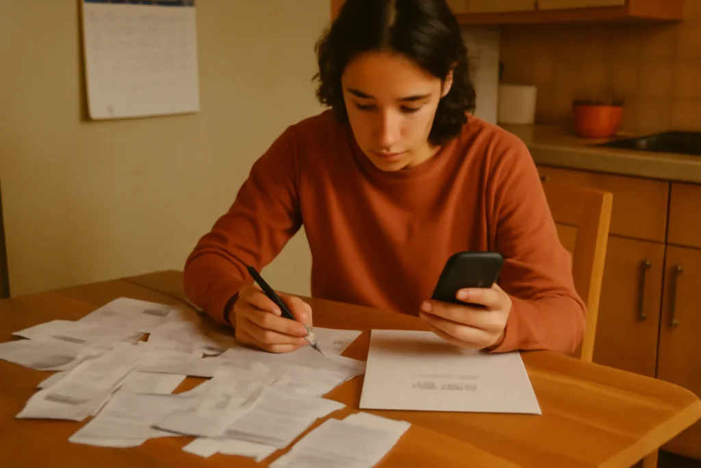 Cena de rascunho automático de uma pessoa organizando seu orçamento na cozinha com notas, contas, smartphone e calendário