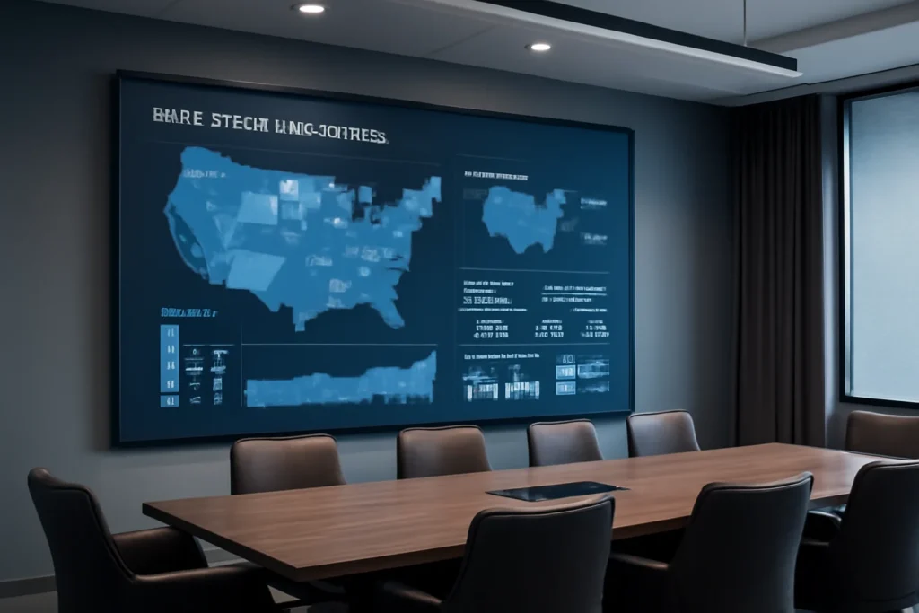 Visual de uma sala de reuniões com monitor exibindo mapas imobiliários dos EUA, mobiliário sofisticado e iluminação realista, destacando rascunho automático.