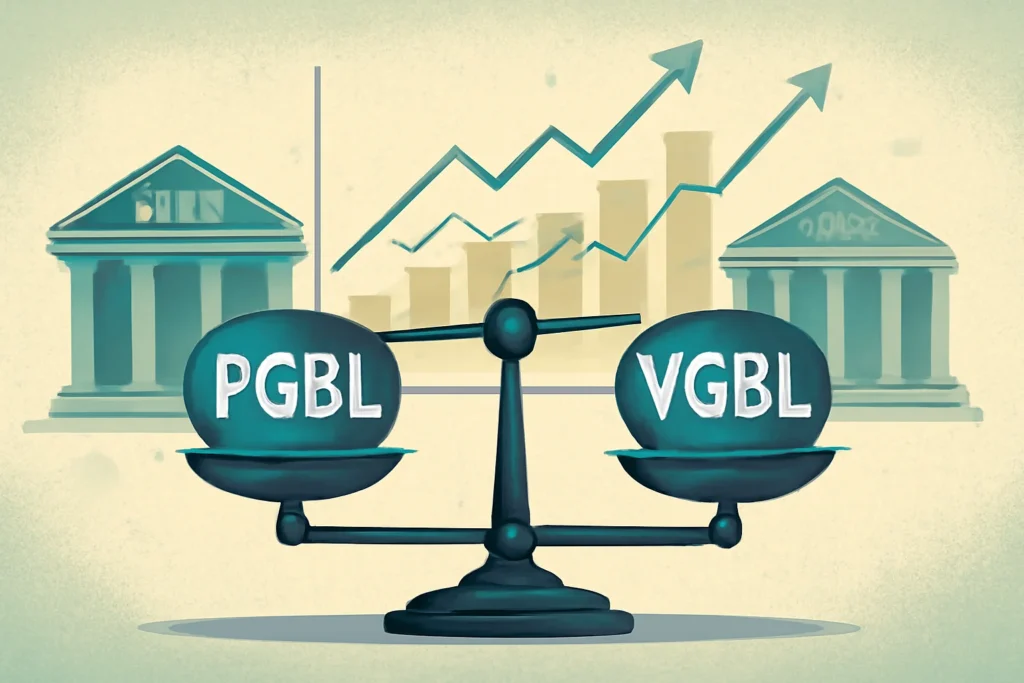 Ilustração estilizada com balança entre PGBL e VGBL, gráficos ascendentes ao fundo, simbolizando escolha inteligente em previdência privada com rascunho automático