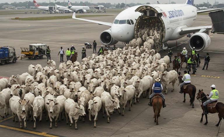 Brasil registra o maior embarque de gado vivo do mundo, usa mega-navio e até Boeing 747, e reacende debate sobre bem-estar animal
