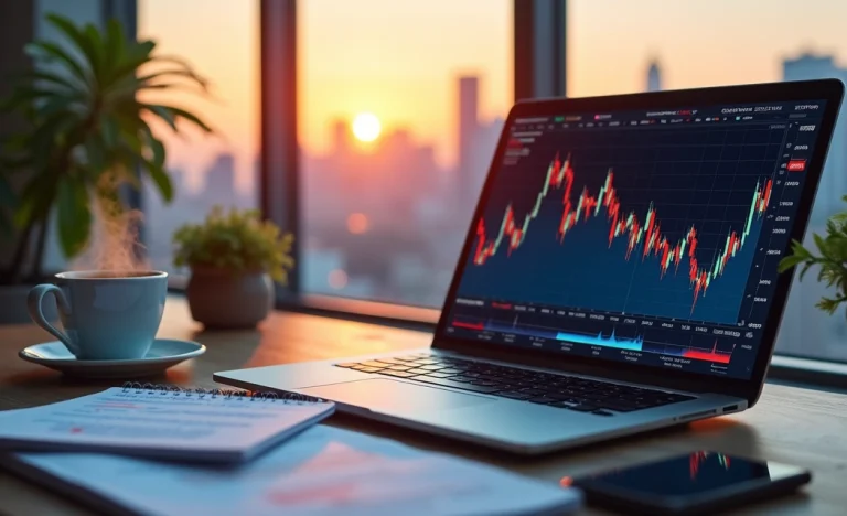 Ambiente de trabalho moderno com laptop mostrando gráficos financeiros e vista da cidade ao pôr do sol.