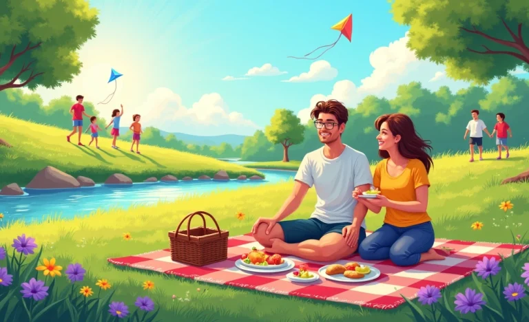Casal em um piquenique em um parque ensolarado, com flores e crianças brincando ao fundo.