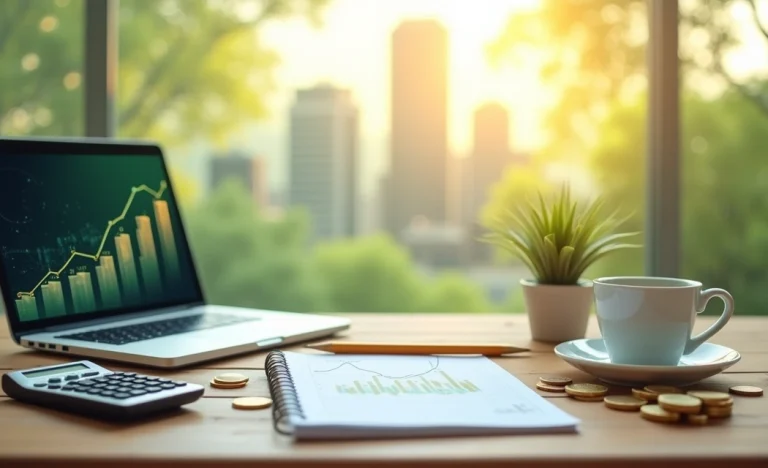 Uma mesa de madeira com instrumentos financeiros, laptop mostrando gráficos de crescimento e uma cidade ao fundo.