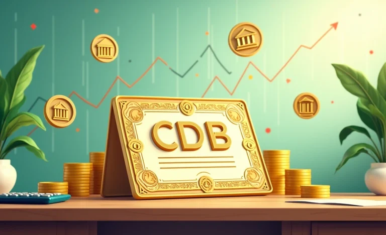 Cena ilustrativa de um Certificado de Depósito Bancário com moedas, gráficos e uma calculadora.