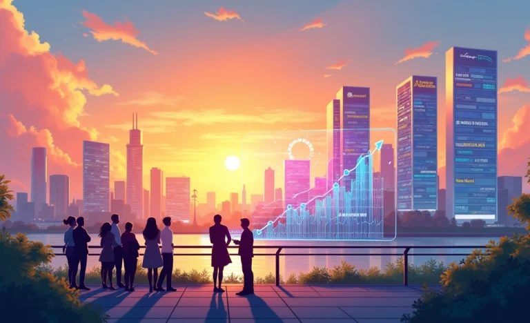 Cidade futurista em 2025 com pessoas discutindo investimentos e gráficos em ascensão.