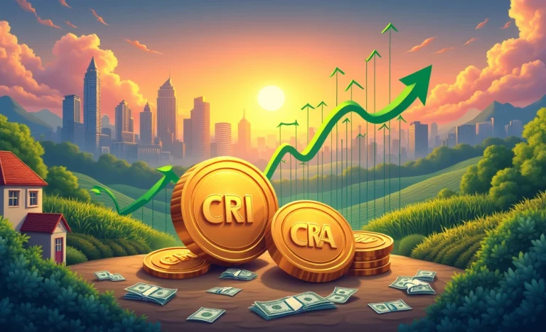 Ilustração vibrante do conceito de CRI e CRA com moedas, cidade ao fundo e gráficos de crescimento em verde.