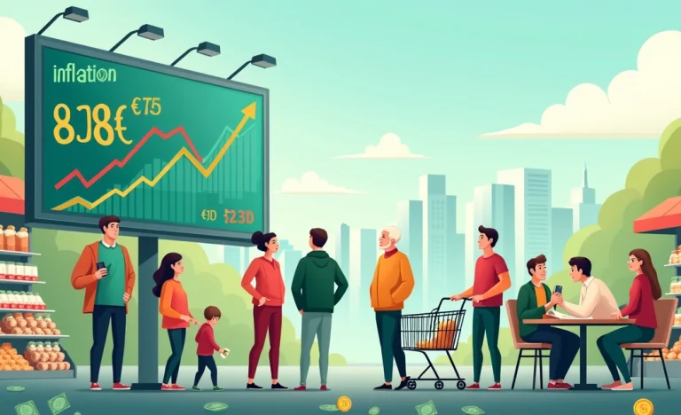 Grupo diverso de pessoas observando uma tela digital com taxas de inflação em uma rua da cidade.