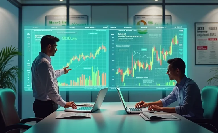 Ilustração de ambiente de escritório moderno com gráficos de investimentos em renda fixa e variável.