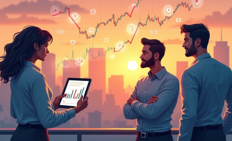 Grupo de investidores analisando gráfico financeiro com a cidade ao fundo, destacando a influência da SELIC.