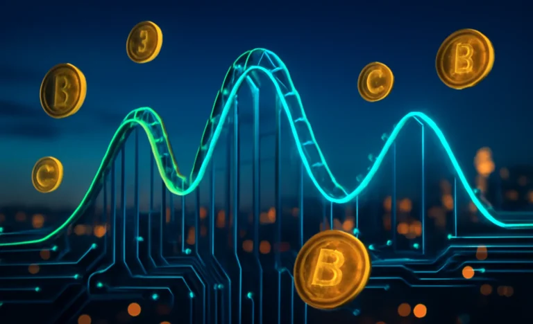 Imagem de bolsas NY montanha-russa com circuitos e moedas digitais, horizonte de Nova York ao entardecer, cores vibrantes.