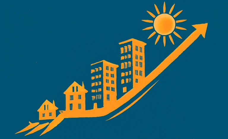 Gráfico ascendente com prédios e sol radiante simbolizando crescimento imobiliário no início do ano turbo