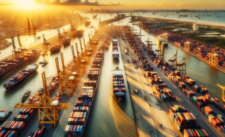 Visão aérea do porto brasileiro com navios e contêineres, simbolizando Brasil lidera rali global no comércio