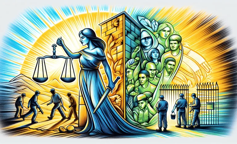 Ilustração de mulher segurando balança da justiça ao lado de prisão aberta, cores vibrantes, esperança pelos direitos humanos na Venezuela líder direitos humanos.