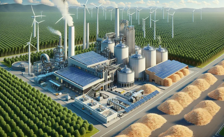 Renderização de usina futurista de etanol milho no Brasil com painéis solares, turbinas e biomassa, destacando a dependência de fontes externas.