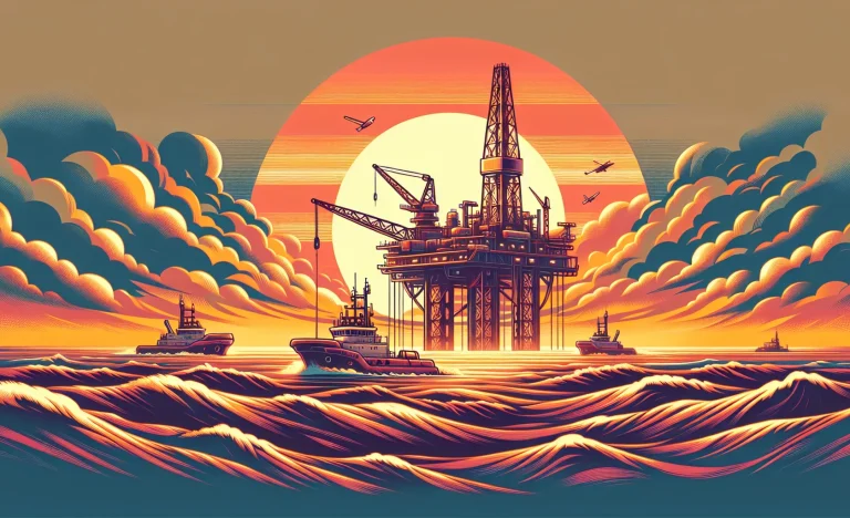 Plataforma de petróleo ao pôr do sol, refletindo a decisão da OPEP de manter a produção em março