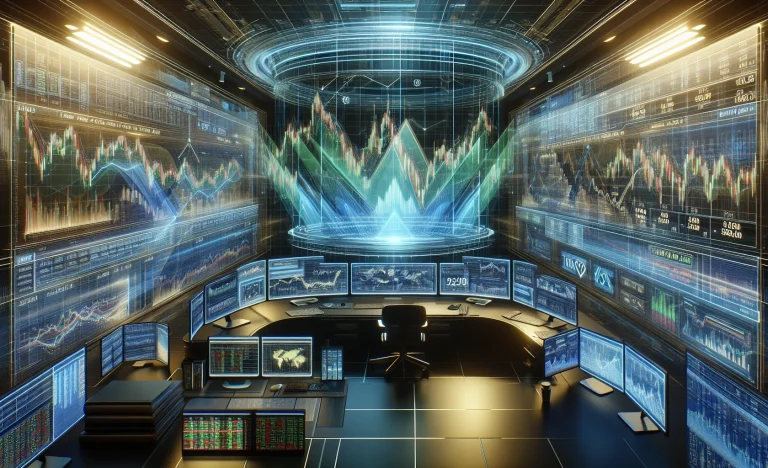 Visual holográfico de projeções do Ibovespa com valores de 190 mil e 235 mil pontos na tela, em ambiente de trading futurista com tecnologia e estabilidade