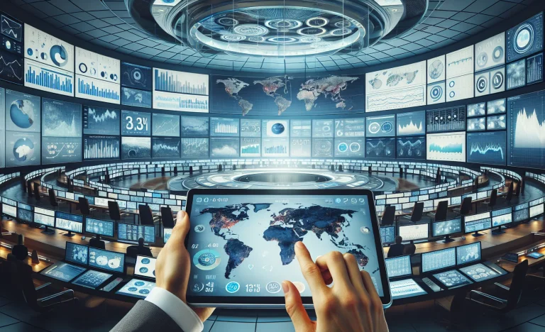 Sala de controle futurista com telas mostrando pesquisa eleitoral eleições 2026, mapas e gráficos.