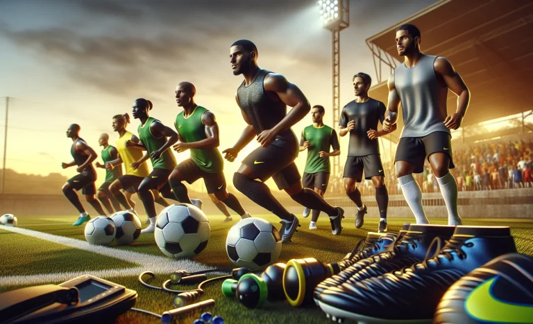 Imagem realista de campo de futebol ao pôr do sol com jogadores brasileiros treinando, destacando a força do Brasil choca o mundo potência