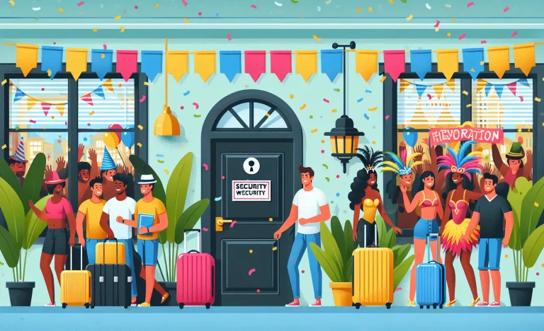 Cena de Carnaval com pessoas entrando em casas de aluguel Airbnb, confetes, fantasias e sinais de segurança na porta