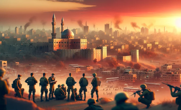 Rascunho automático de cena panorâmica no Oriente Médio com soldados israelenses, Castelo de Gaza e fumaça ao pôr do sol