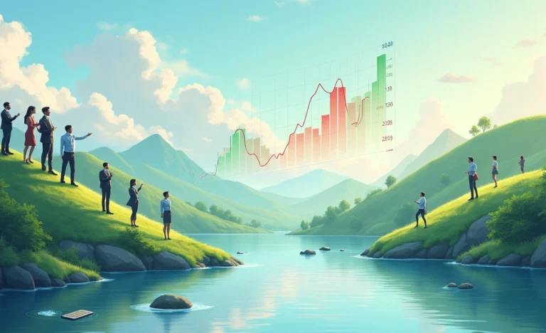 Ilustração de uma paisagem financeira serena, com colinas e um rio reflexivo, simbolizando a volatilidade do mercado.